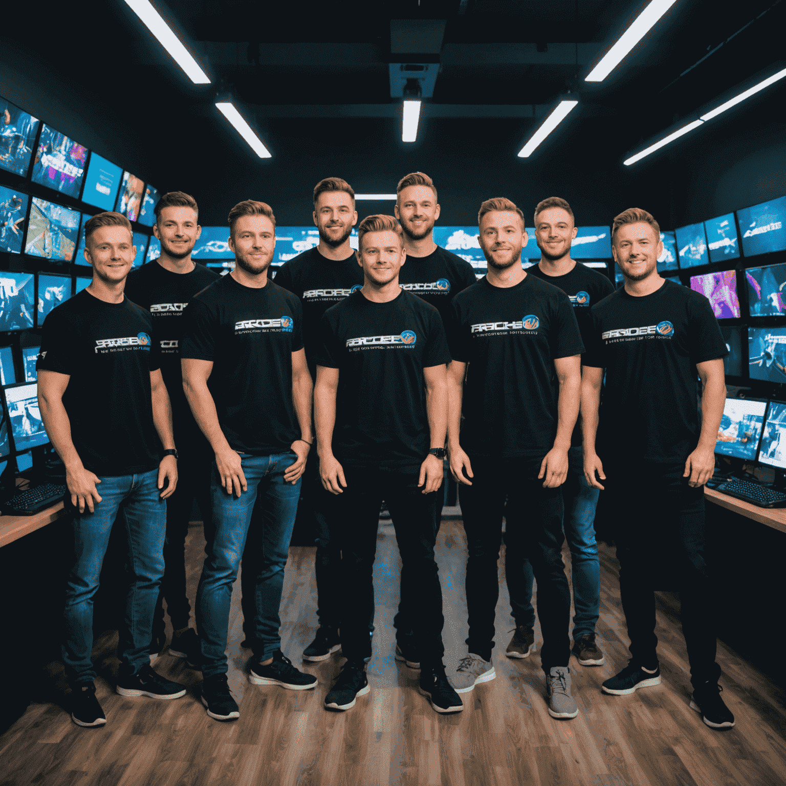 The ArcadeHero team standing in front of their high-tech gaming PC showroom. The image shows a diverse group of professionals, all wearing ArcadeHero branded shirts, surrounded by impressive gaming setups with RGB lighting and large monitors.