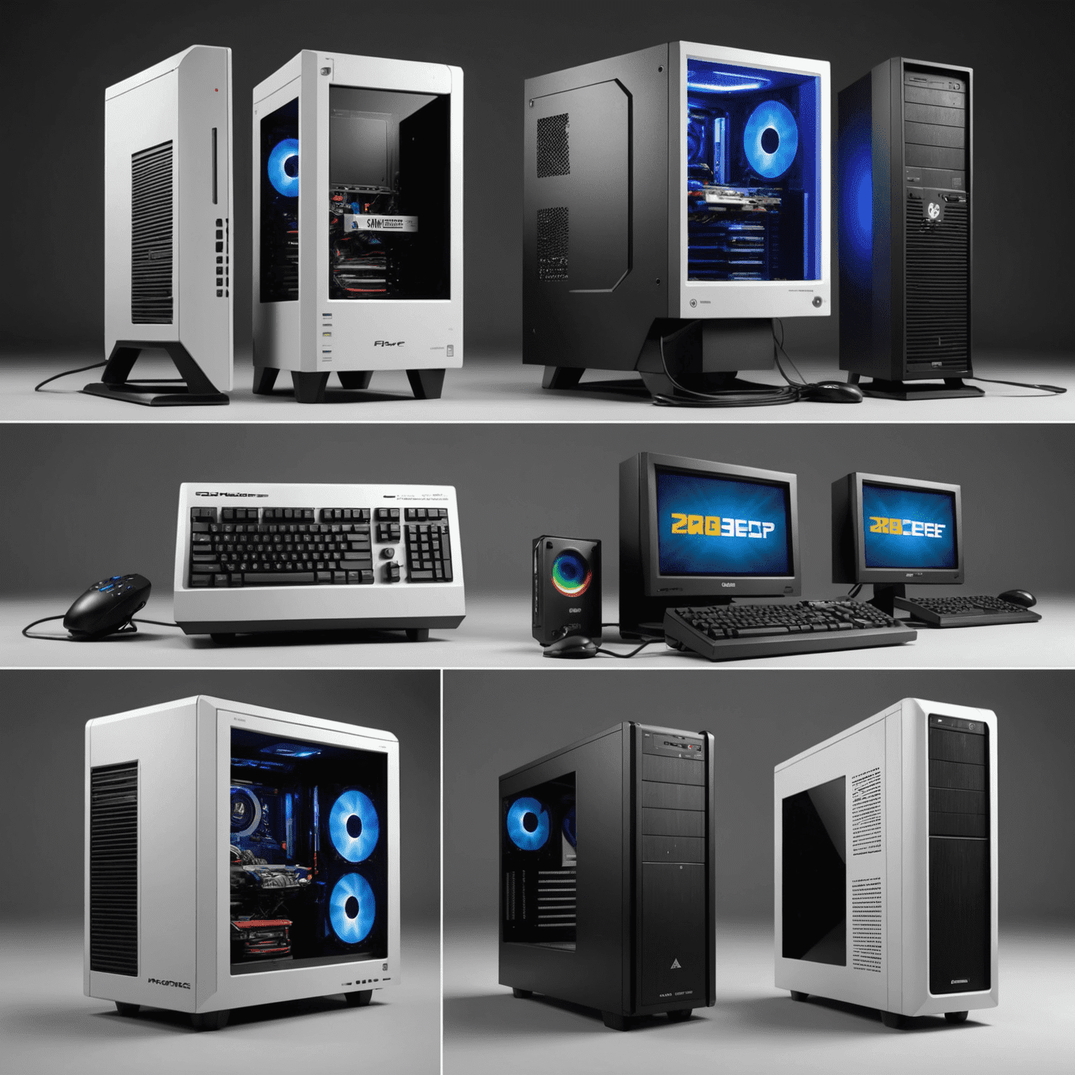 A timeline showing the evolution of gaming PCs from large, boxy designs in the 1990s to sleek, RGB-lit modern rigs