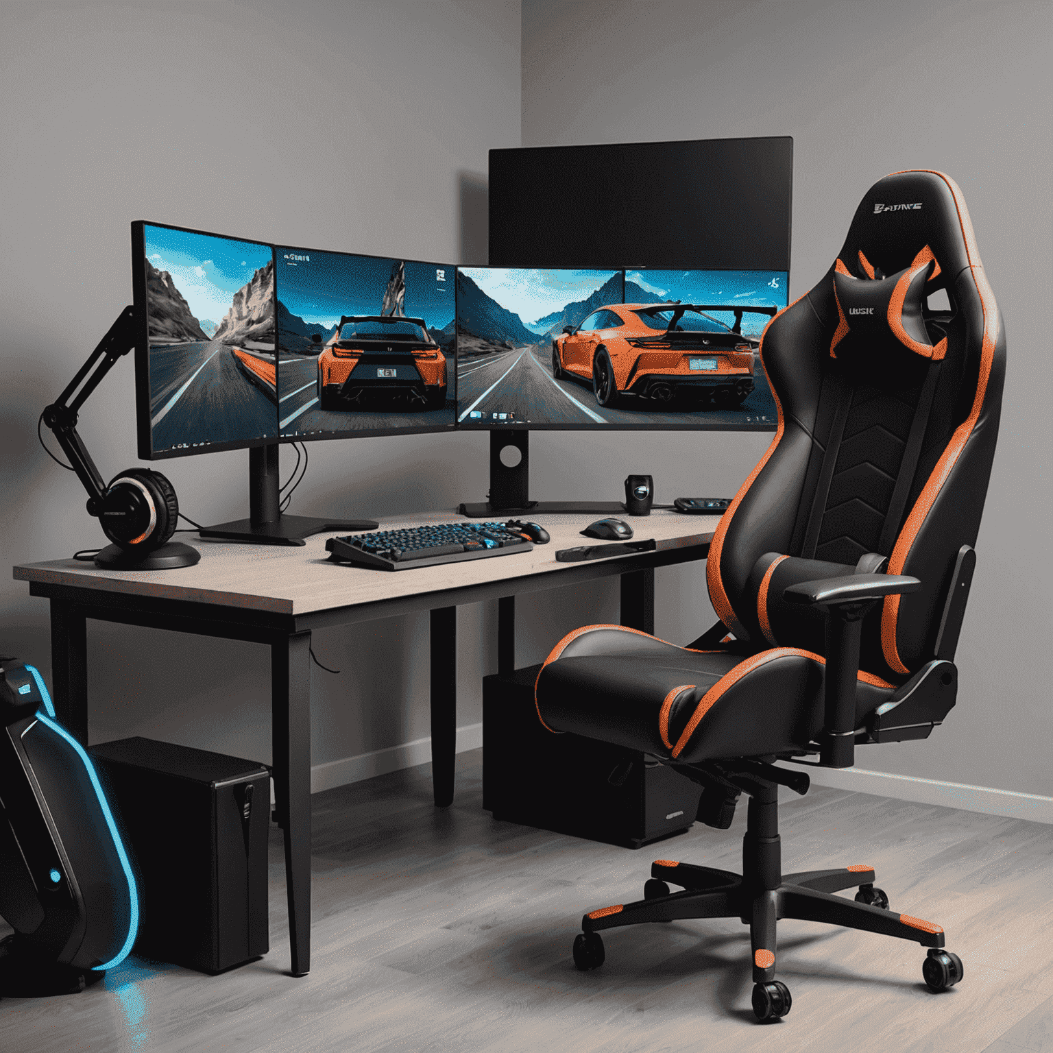 A high-end gaming setup with multiple monitors, RGB lighting, and ergonomic gaming chair