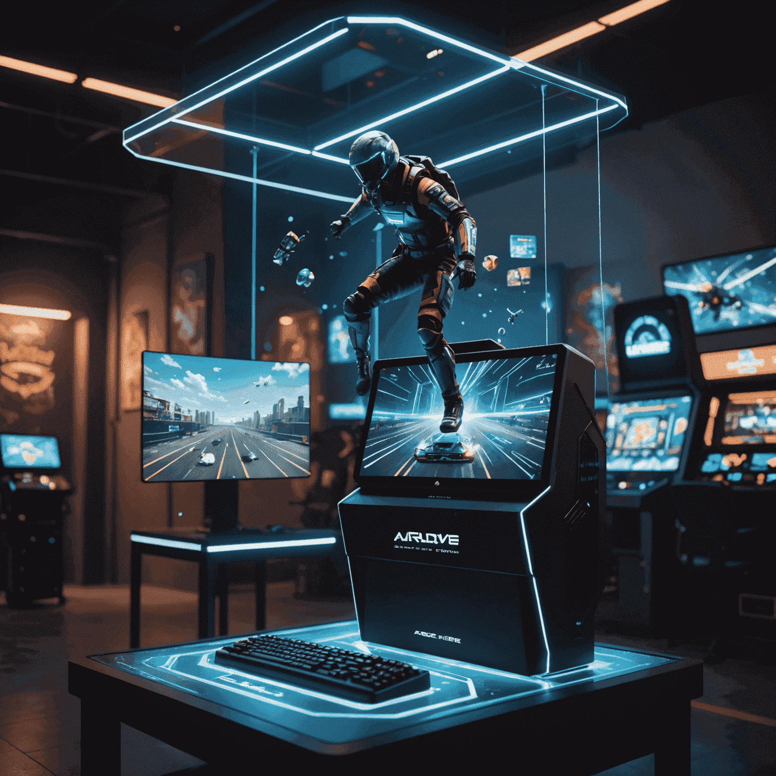 A 3D holographic display projecting a vivid game environment in mid-air above an ArcadeHero PC