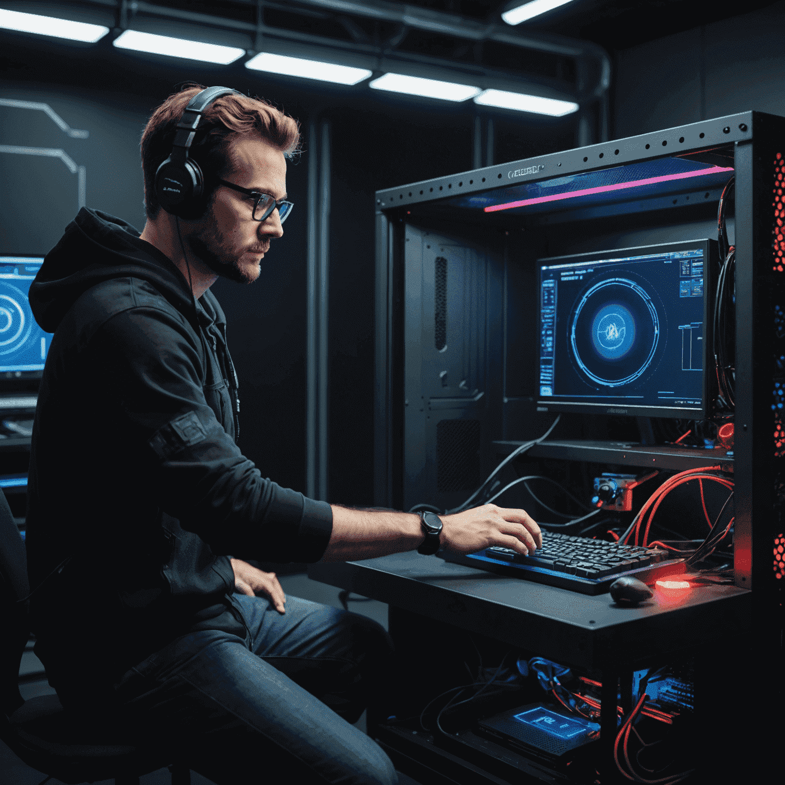 ArcadeHero technician conducting thermal tests on a prototype gaming PC in a specialized testing chamber