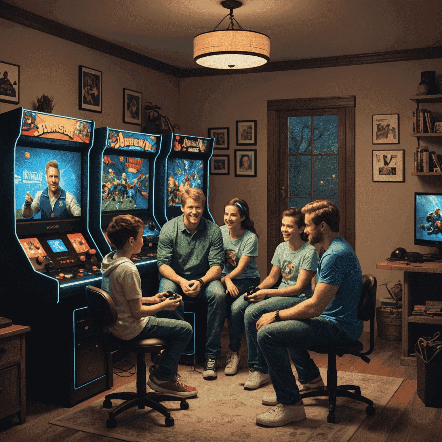 The Johnson family gathered around their ArcadeHero gaming PC, enjoying a multiplayer game together