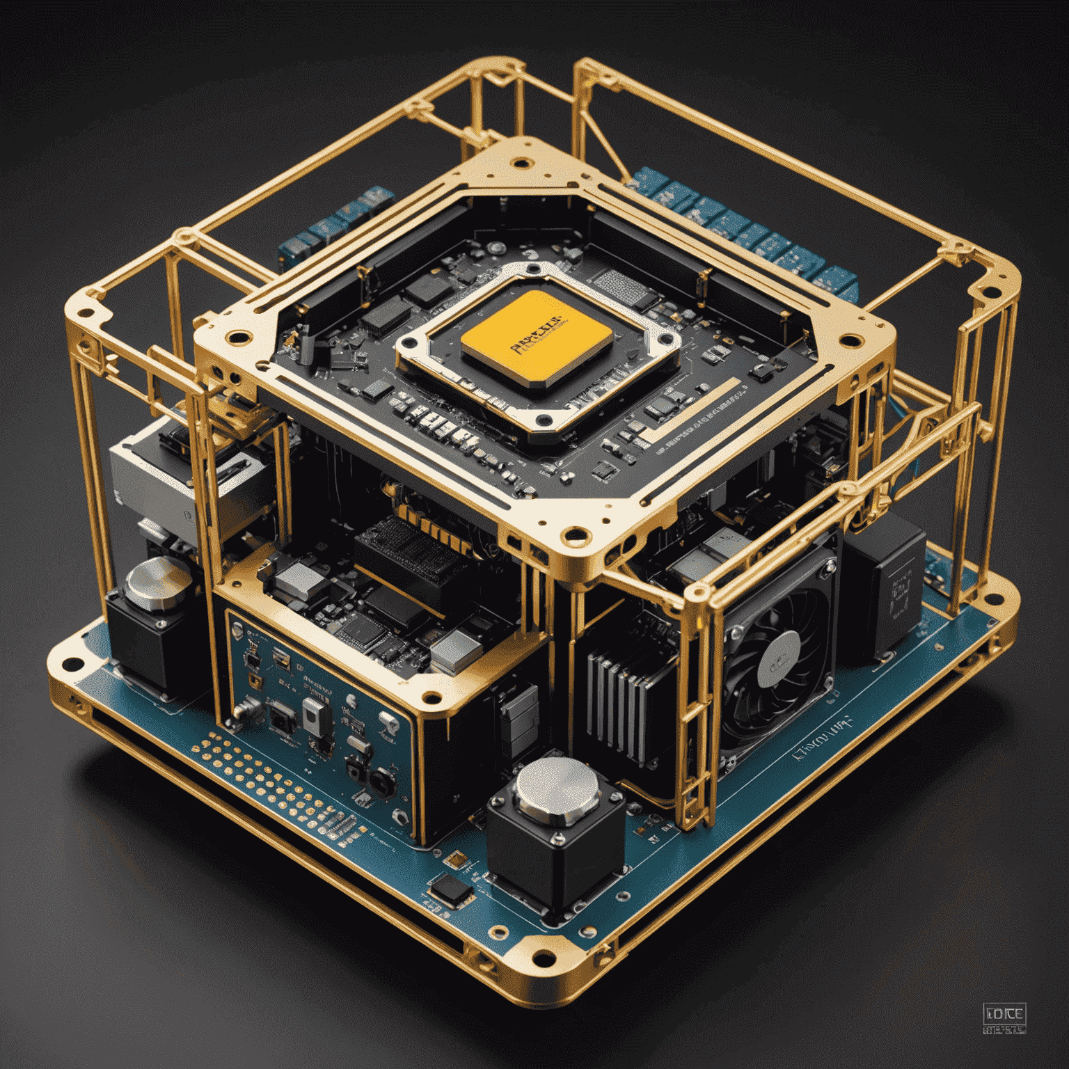 An exploded view of ArcadeHero's modular quantum processing units, showcasing their unique design and interconnectivity